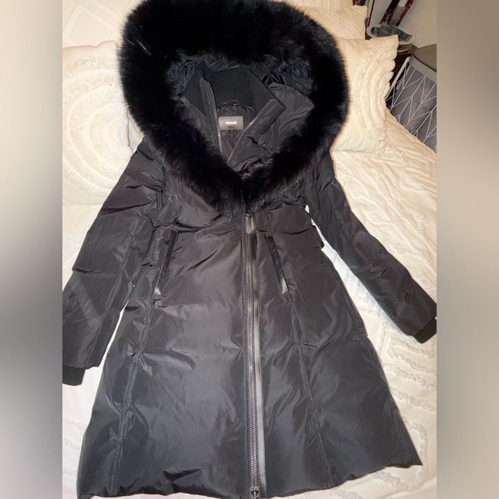 Mackage Kay long coat with REAL FUR fox Fur Trim (black size Large)